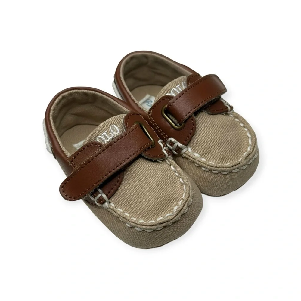 Ralph Lauren 𖦹 Sander EZ Baby Walker Boat Shoe 𖦹 Khaki Canvas Tan Leather 𖦹 2